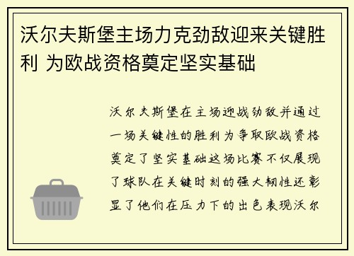 沃尔夫斯堡主场力克劲敌迎来关键胜利 为欧战资格奠定坚实基础
