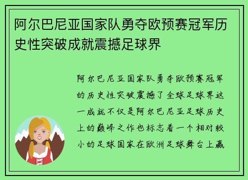 阿尔巴尼亚国家队勇夺欧预赛冠军历史性突破成就震撼足球界
