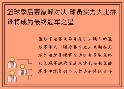篮球季后赛巅峰对决 球员实力大比拼谁将成为最终冠军之星