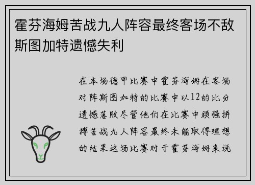 霍芬海姆苦战九人阵容最终客场不敌斯图加特遗憾失利