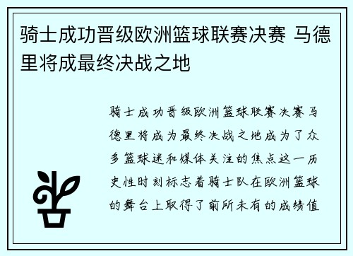 骑士成功晋级欧洲篮球联赛决赛 马德里将成最终决战之地