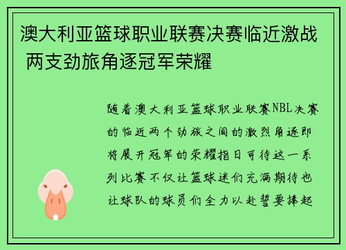 澳大利亚篮球职业联赛决赛临近激战 两支劲旅角逐冠军荣耀