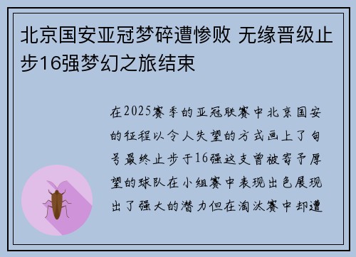 北京国安亚冠梦碎遭惨败 无缘晋级止步16强梦幻之旅结束